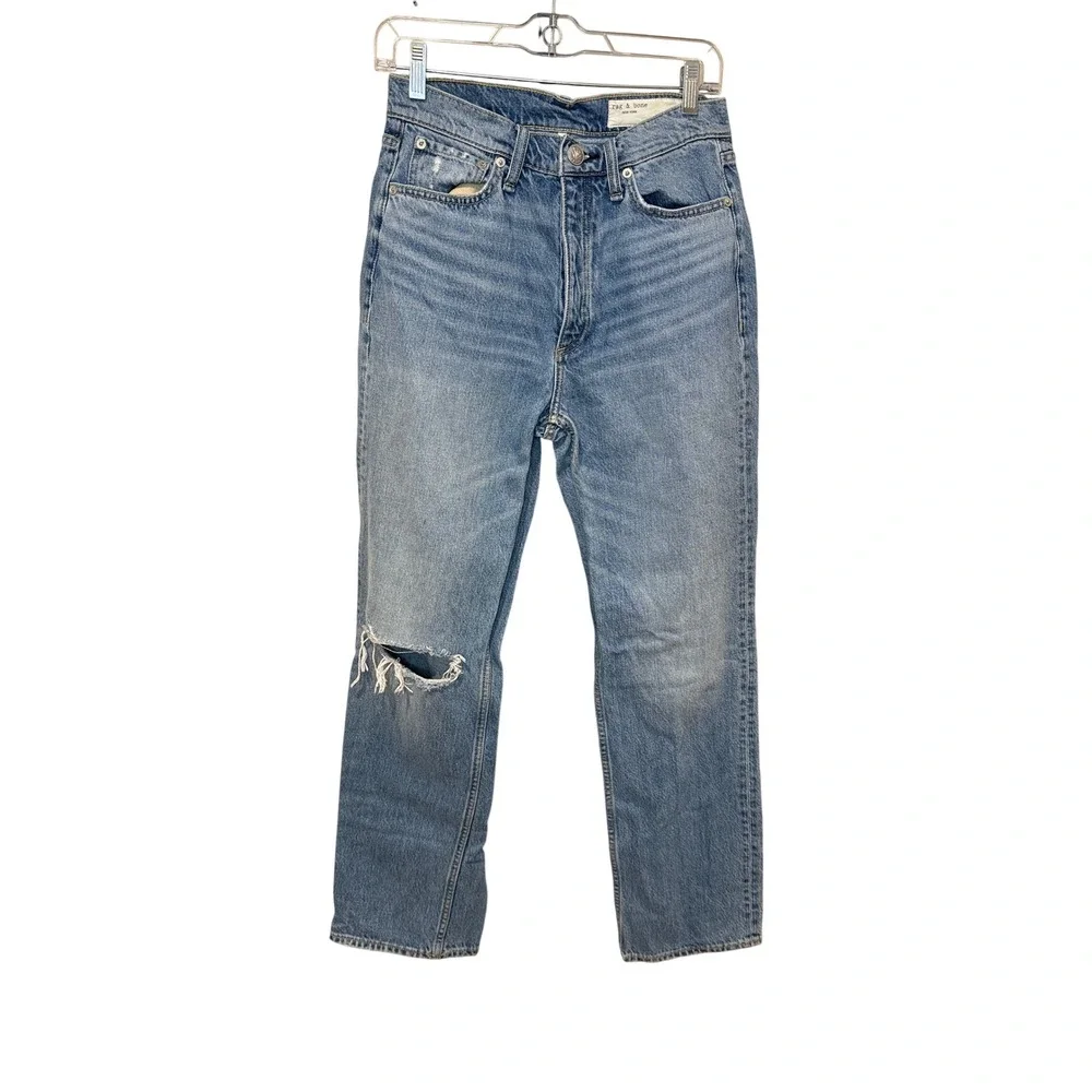 Rag & Bone Alex High Rise Straight Jeans Delavan with Holes Size 27 Button Fly